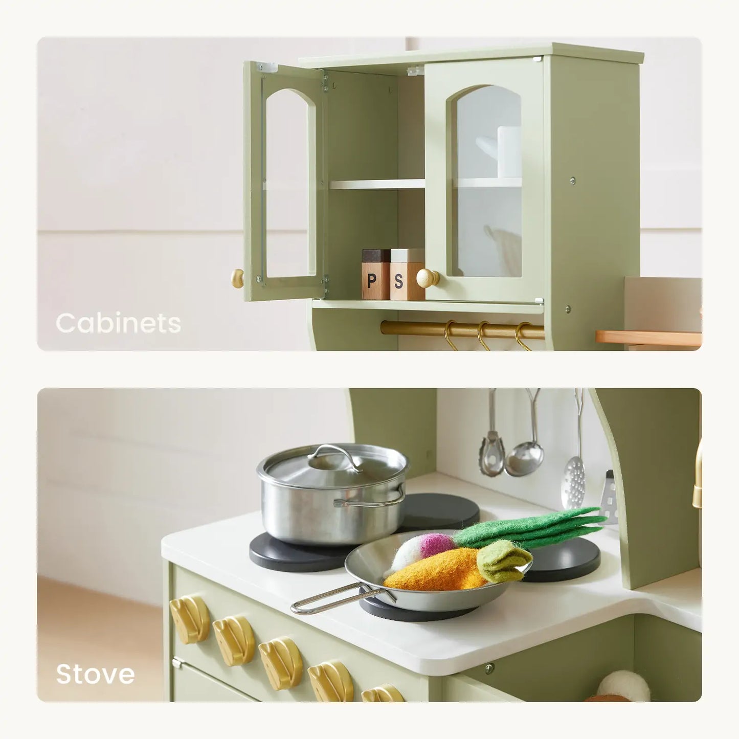 Tiny Land® Multifunctional Storage Play Kitchen in Sage Green – Pretend Cooking Set with Cupboards, Stove & Sink