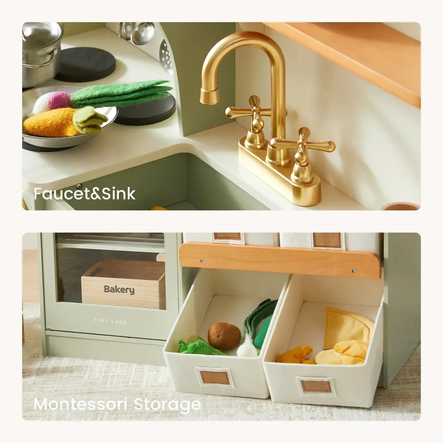 Tiny Land® Multifunctional Storage Play Kitchen in Sage Green – Pretend Cooking Set with Cupboards, Stove & Sink
