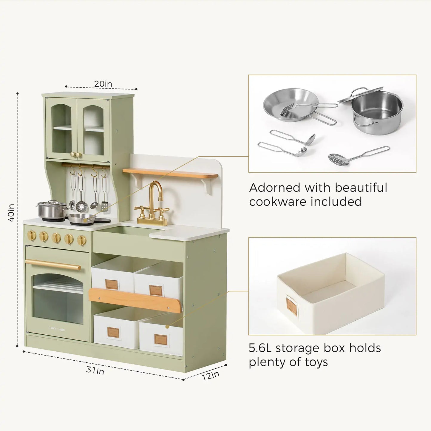 Tiny Land® Multifunctional Storage Play Kitchen in Sage Green – Pretend Cooking Set with Cupboards, Stove & Sink