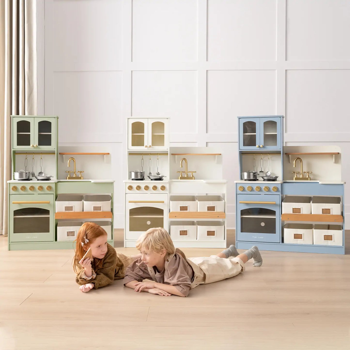 Tiny Land® Multifunctional Storage Play Kitchen in Sage Green – Pretend Cooking Set with Cupboards, Stove & Sink