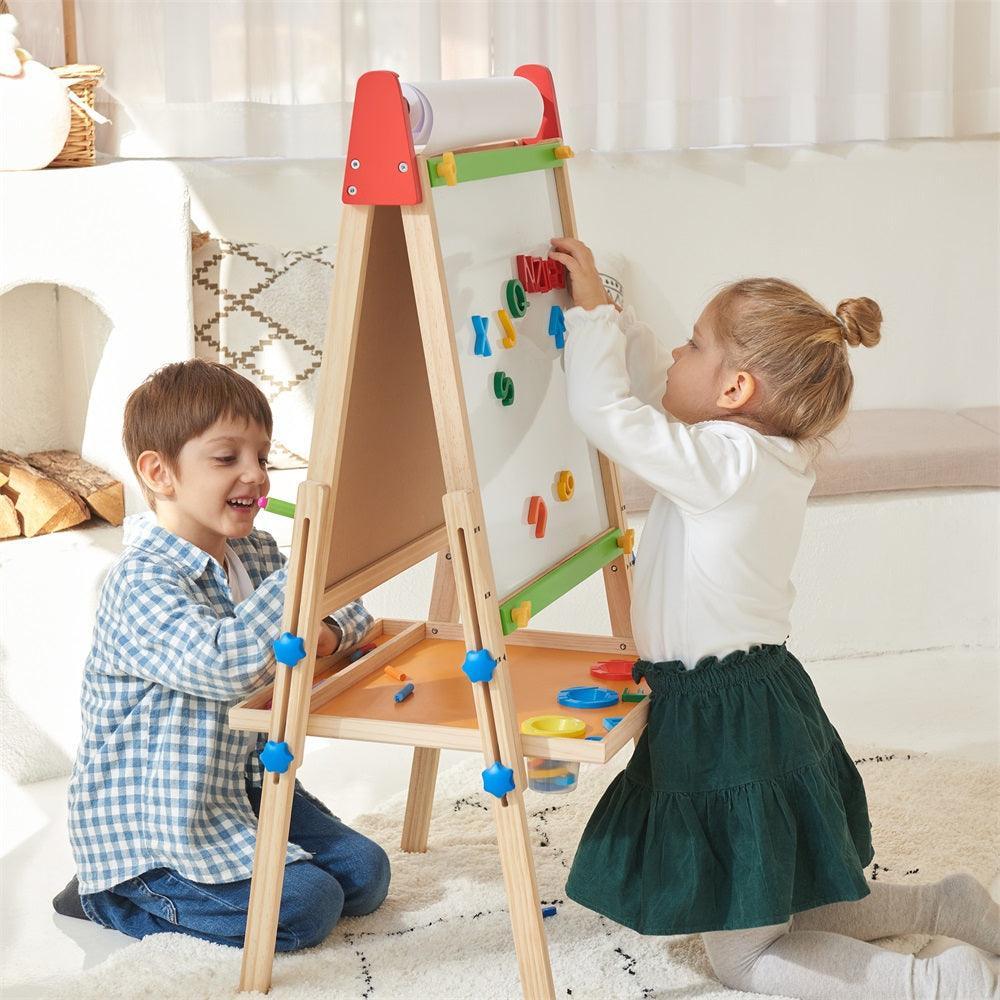 Tiny Land® Wooden Kids Drawing Easel – Double-Sided Chalkboard & Whiteboard with Paper Roll