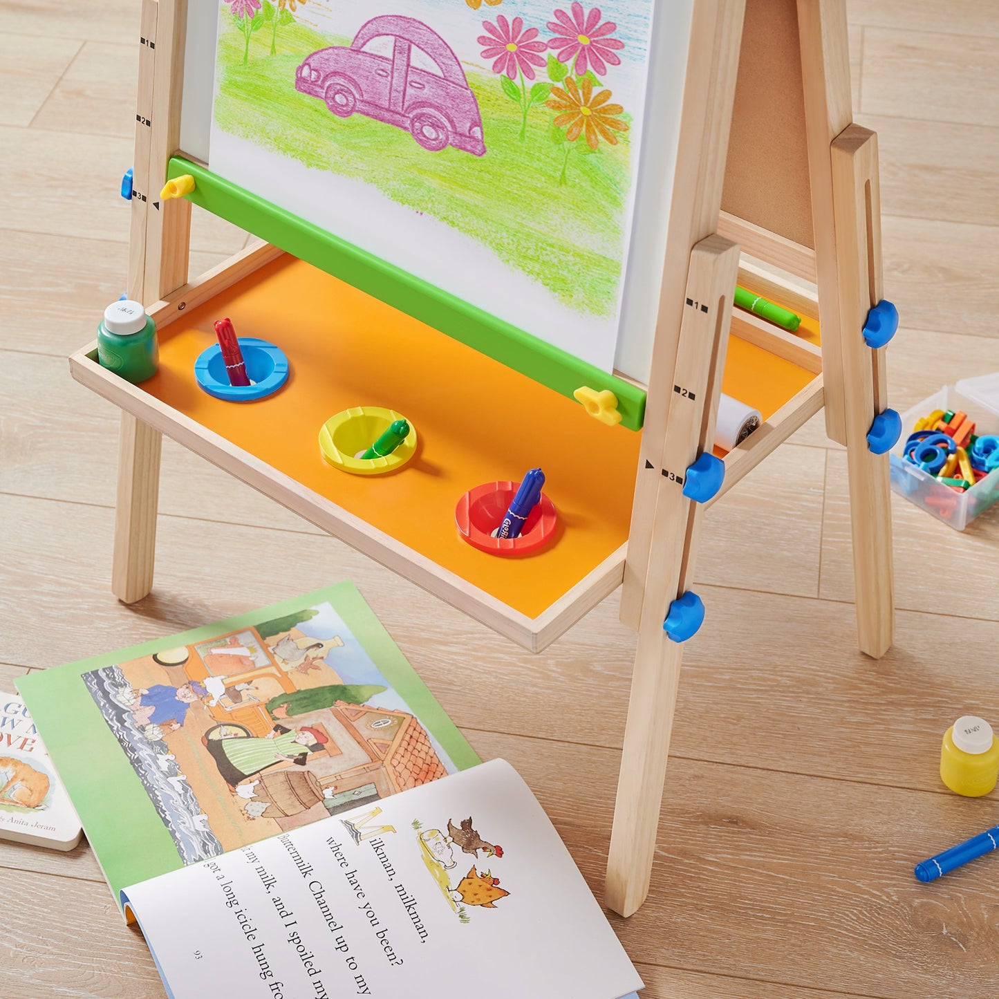 Tiny Land® Wooden Kids Drawing Easel – Double-Sided Chalkboard & Whiteboard with Paper Roll