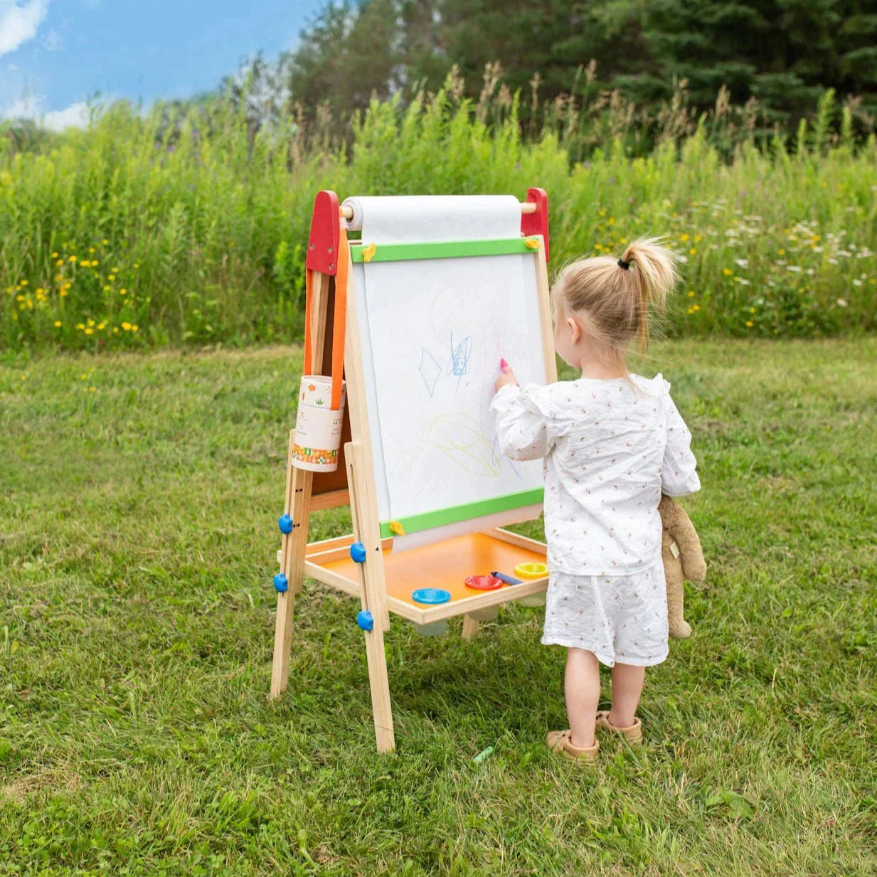 Tiny Land® Wooden Kids Drawing Easel – Double-Sided Chalkboard & Whiteboard with Paper Roll