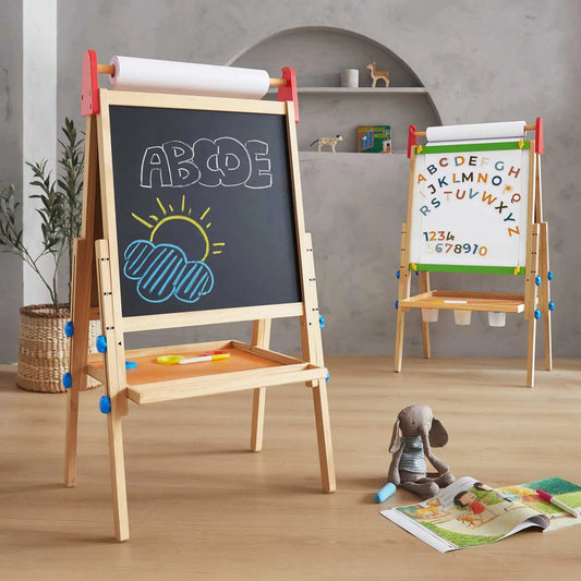 Tiny Land® Wooden Kids Drawing Easel – Double-Sided Chalkboard & Whiteboard with Paper Roll