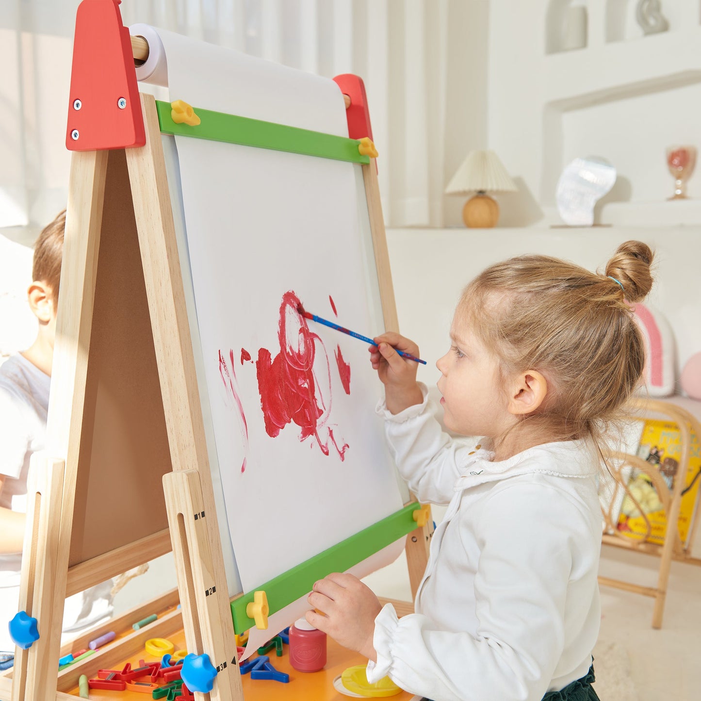 Tiny Land® Wooden Kids Drawing Easel – Double-Sided Chalkboard & Whiteboard with Paper Roll