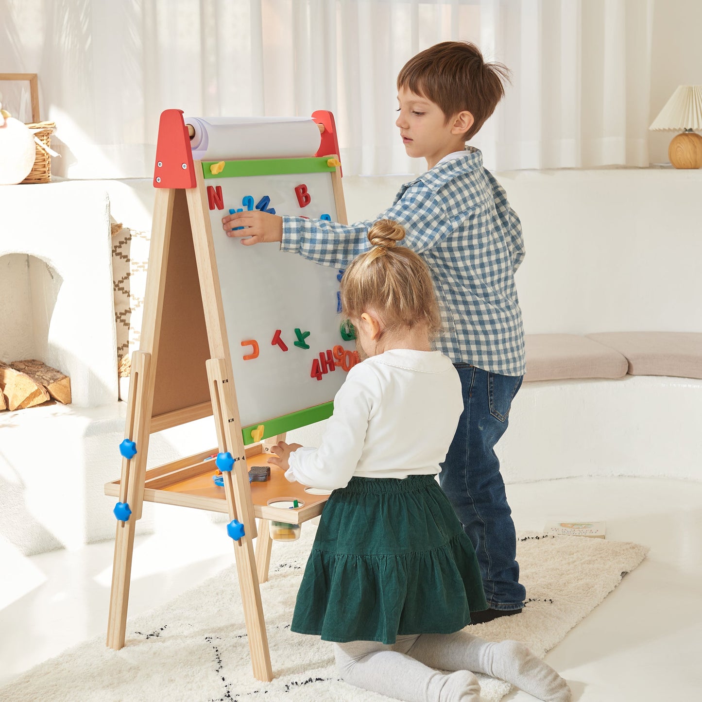 Tiny Land® Wooden Kids Drawing Easel – Double-Sided Chalkboard & Whiteboard with Paper Roll