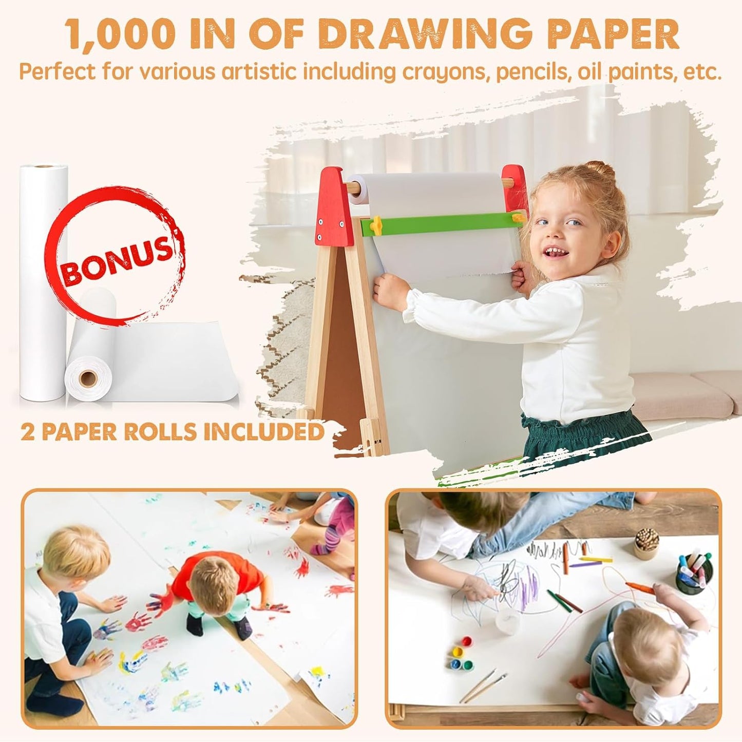 Tiny Land® Wooden Kids Drawing Easel – Double-Sided Chalkboard & Whiteboard with Paper Roll