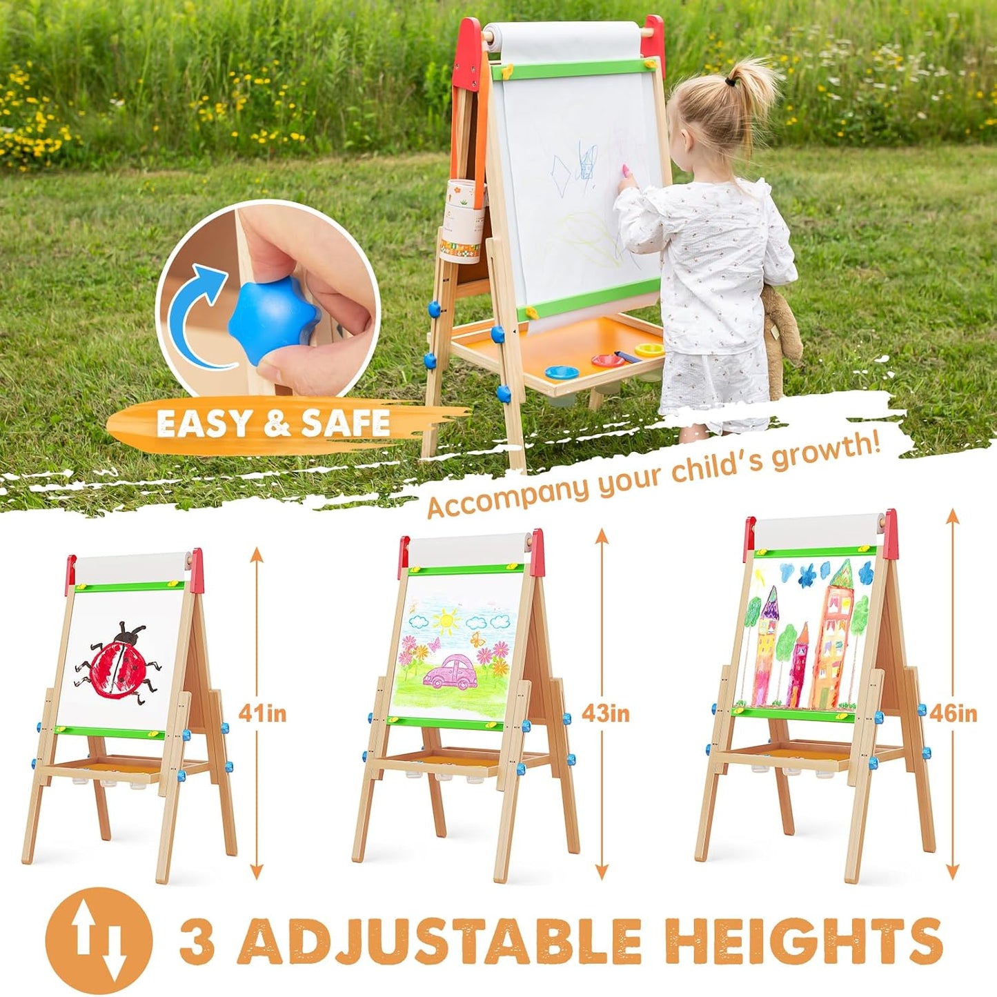 Tiny Land® Wooden Kids Drawing Easel – Double-Sided Chalkboard & Whiteboard with Paper Roll