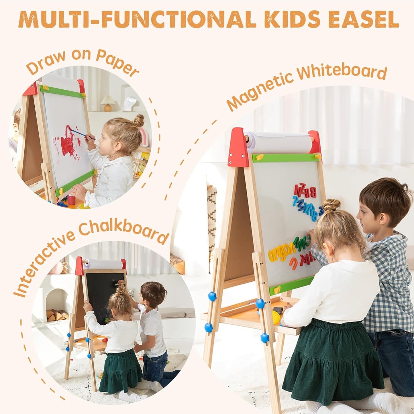 Tiny Land® Wooden Kids Drawing Easel – Double-Sided Chalkboard & Whiteboard with Paper Roll