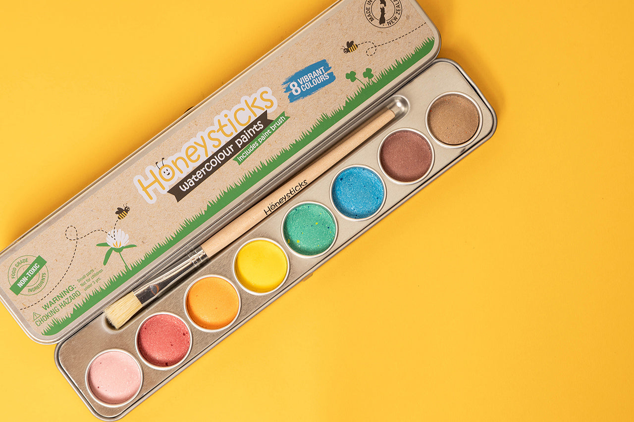 Honeysticks Watercolor Paint Set – Non-Toxic Natural Paints for Kids with Brush, 8 Colors
