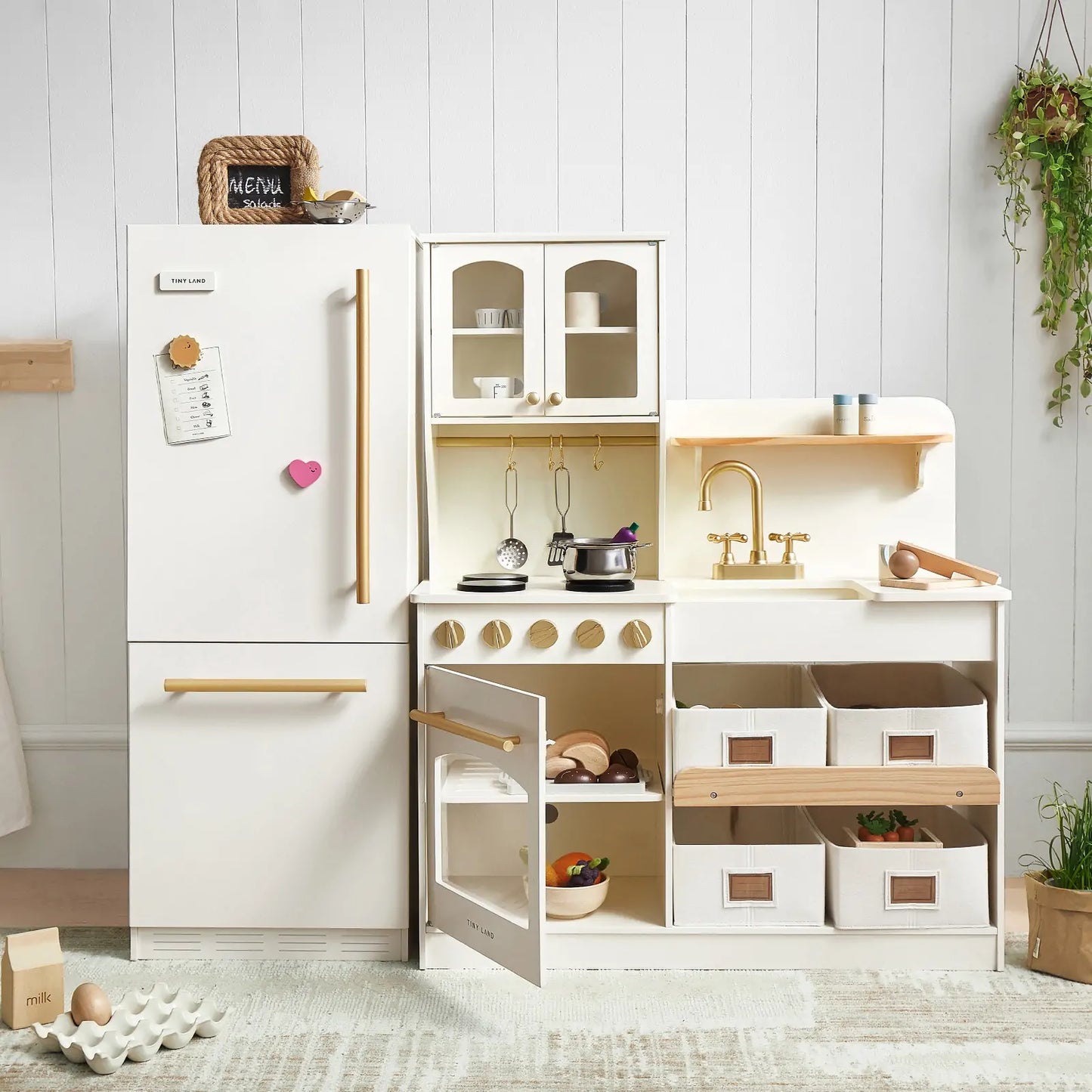 Tiny Land® Kids Wooden Play Fridge with Storage & Magnetic Play – Compatible with Toy Kitchen Sets