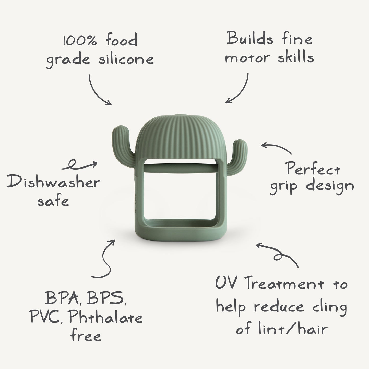 Mushie Cactus Teether – Sage Green | Easy-Grip Silicone Teething Toy for Babies