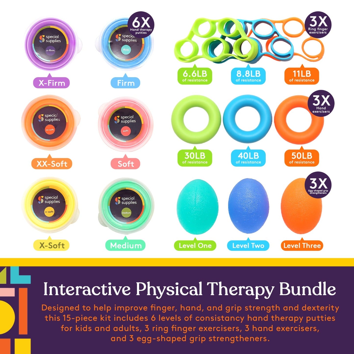 Special Supplies 15-Piece Hand Therapy & Dexterity Exercise Bundle