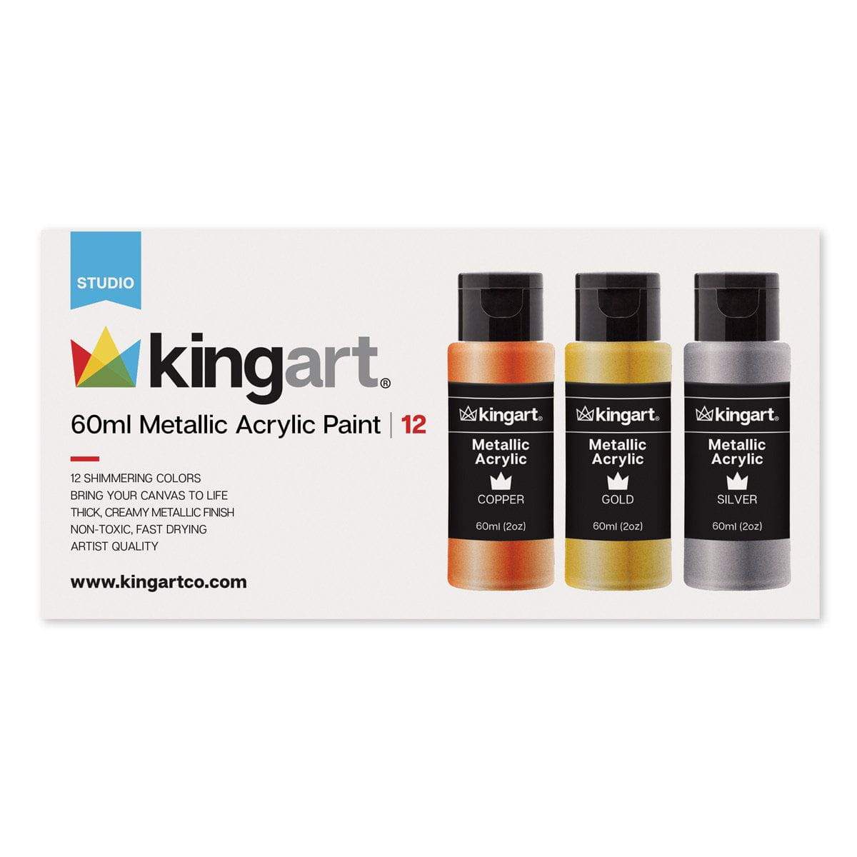 KINGART® Studio Acrylic Paint – Metallic Set, 12 x 60ml Bottles