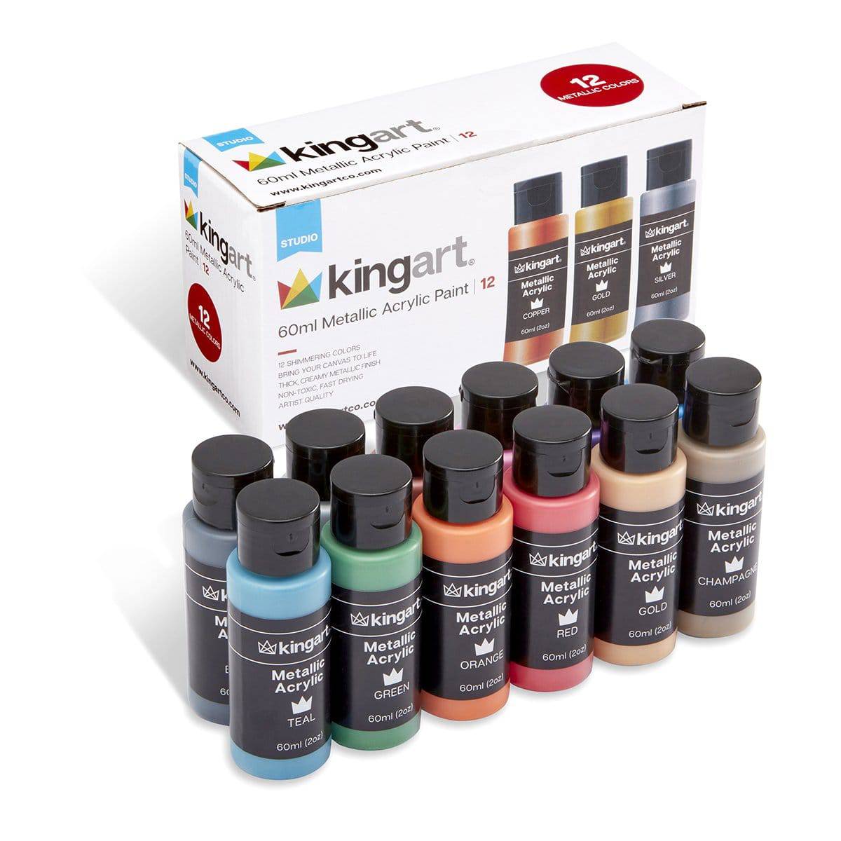 KINGART® Studio Acrylic Paint – Metallic Set, 12 x 60ml Bottles