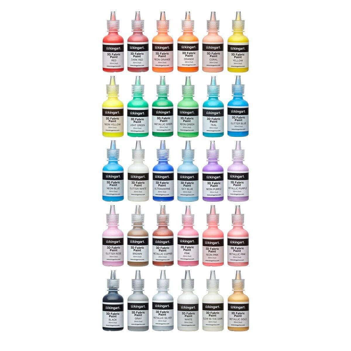 KINGART® Studio 3D Fabric Paint – Set of 30 Colors, 30ml Bottles