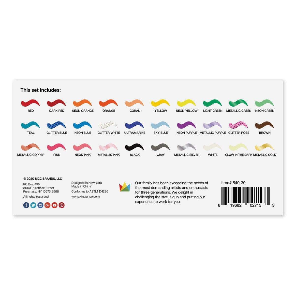 KINGART® Studio 3D Fabric Paint – Set of 30 Colors, 30ml Bottles