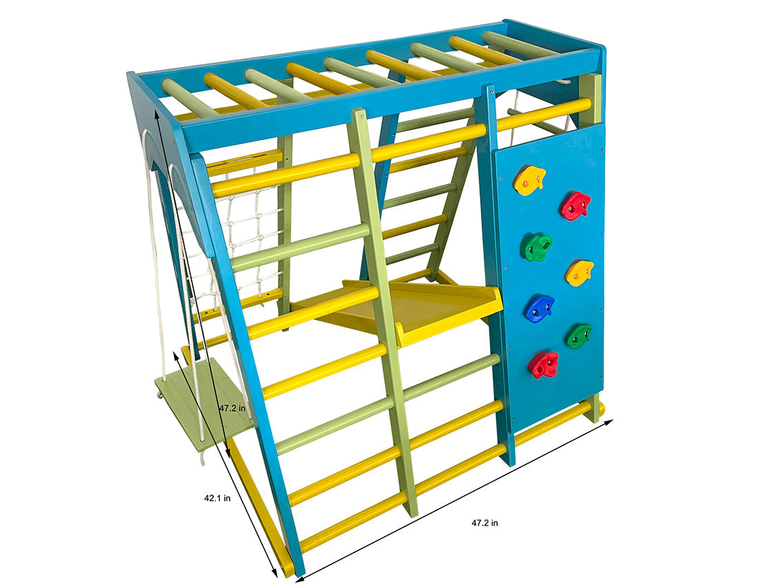 Avenlur Magnolia 7-in-1 Indoor Wooden Playset | Montessori Climbing Gym for Kids | Slide, Monkey Bars, Rope Ladder, Swing & More