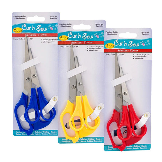 Cut'n Sew Multipurpose Scissors – Big and Small 2-Pack – Stainless Steel Blades for School, Office, Crafts, and Hobbies (Assorted Colors)