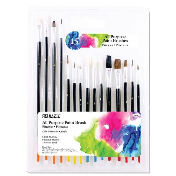 Bazic All-Purpose Paint Brush Set (15 Pack) – Durable, Versatile Brushes for Kids, Students, and Artists