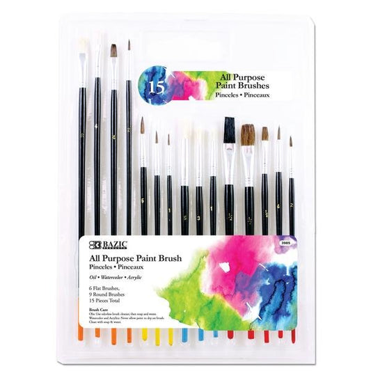 Bazic All-Purpose Paint Brush Set (15 Pack) – Durable, Versatile Brushes for Kids, Students, and Artists