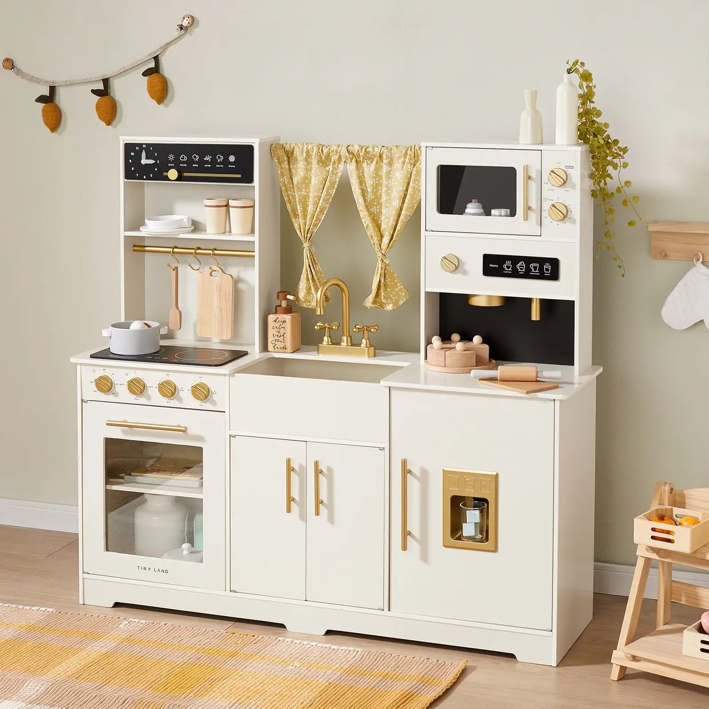 Tiny Land® Luxurious Cream-Colored Wooden Play Kitchen – Pretend Cooking Set with Oven, Microwave, Sink & Storage