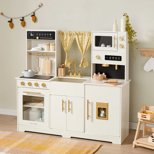 Tiny Land® Luxurious Cream-Colored Wooden Play Kitchen – Pretend Cooking Set with Oven, Microwave, Sink & Storage