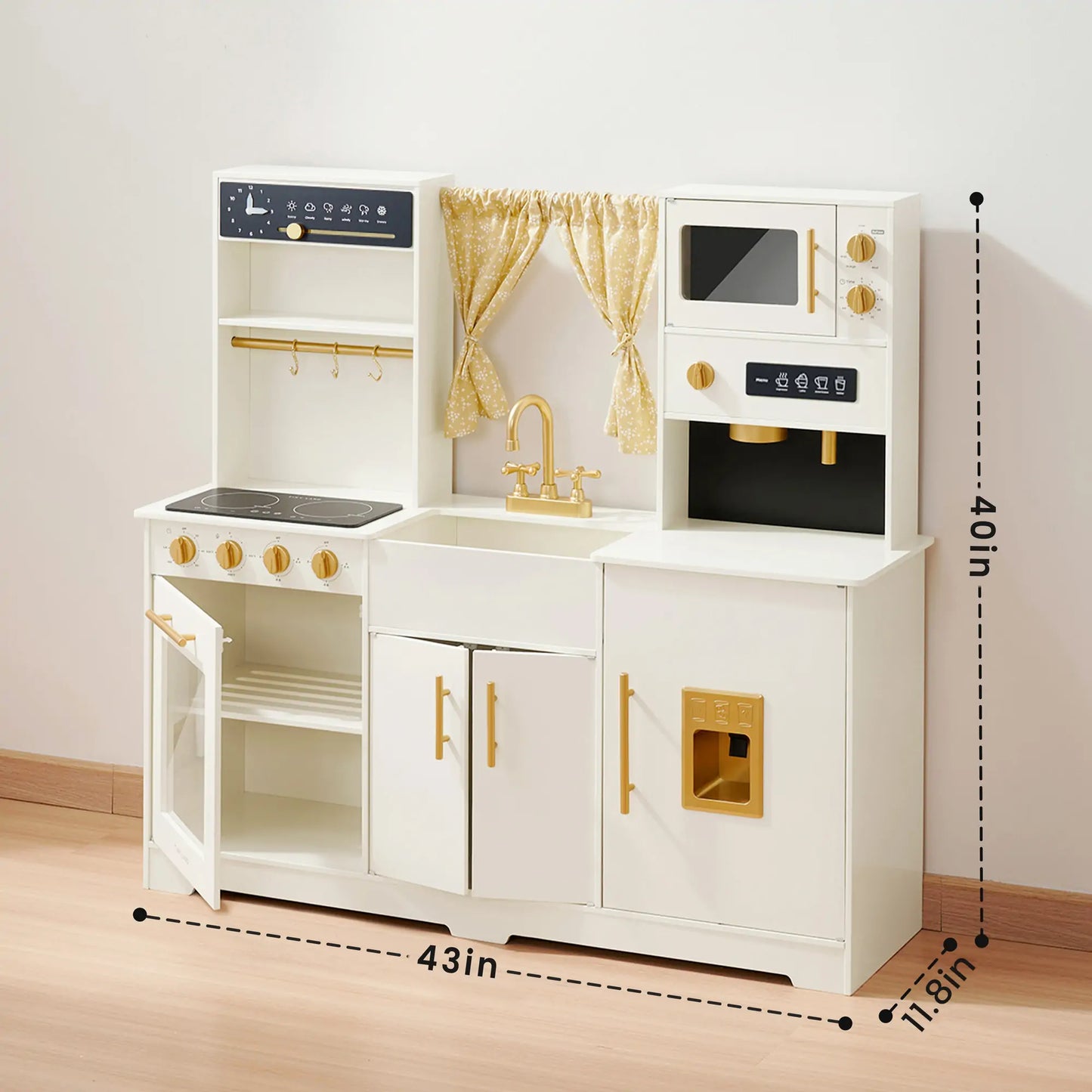 Tiny Land® Luxurious Cream-Colored Wooden Play Kitchen – Pretend Cooking Set with Oven, Microwave, Sink & Storage