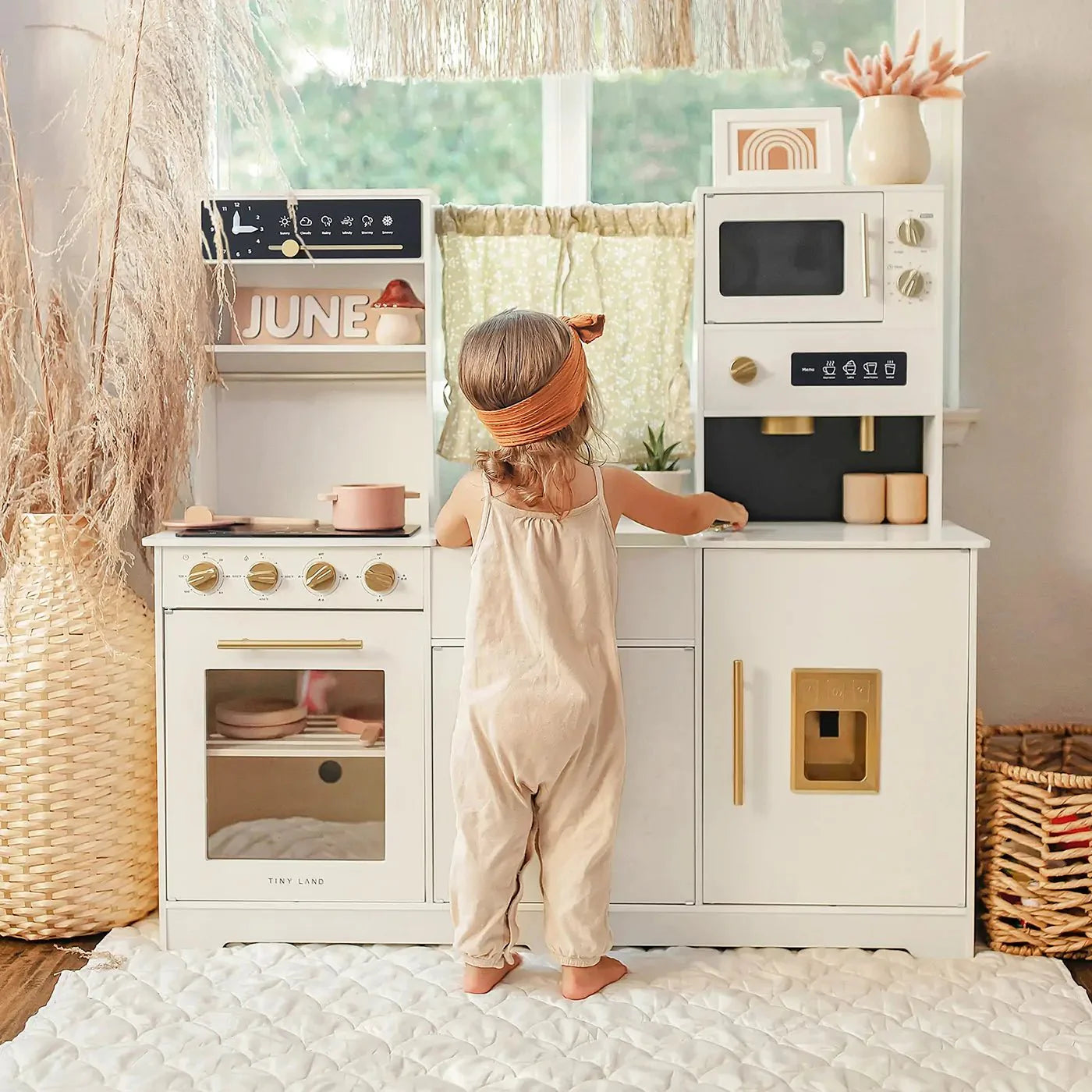 Tiny Land® Luxurious Cream-Colored Wooden Play Kitchen – Pretend Cooking Set with Oven, Microwave, Sink & Storage