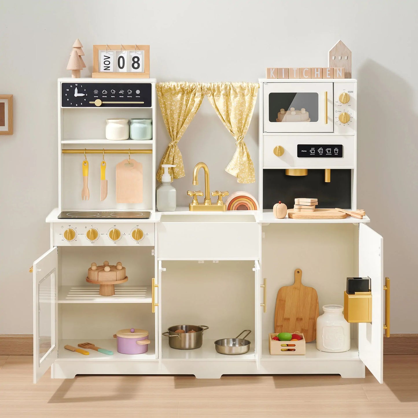 Tiny Land® Luxurious Cream-Colored Wooden Play Kitchen – Pretend Cooking Set with Oven, Microwave, Sink & Storage