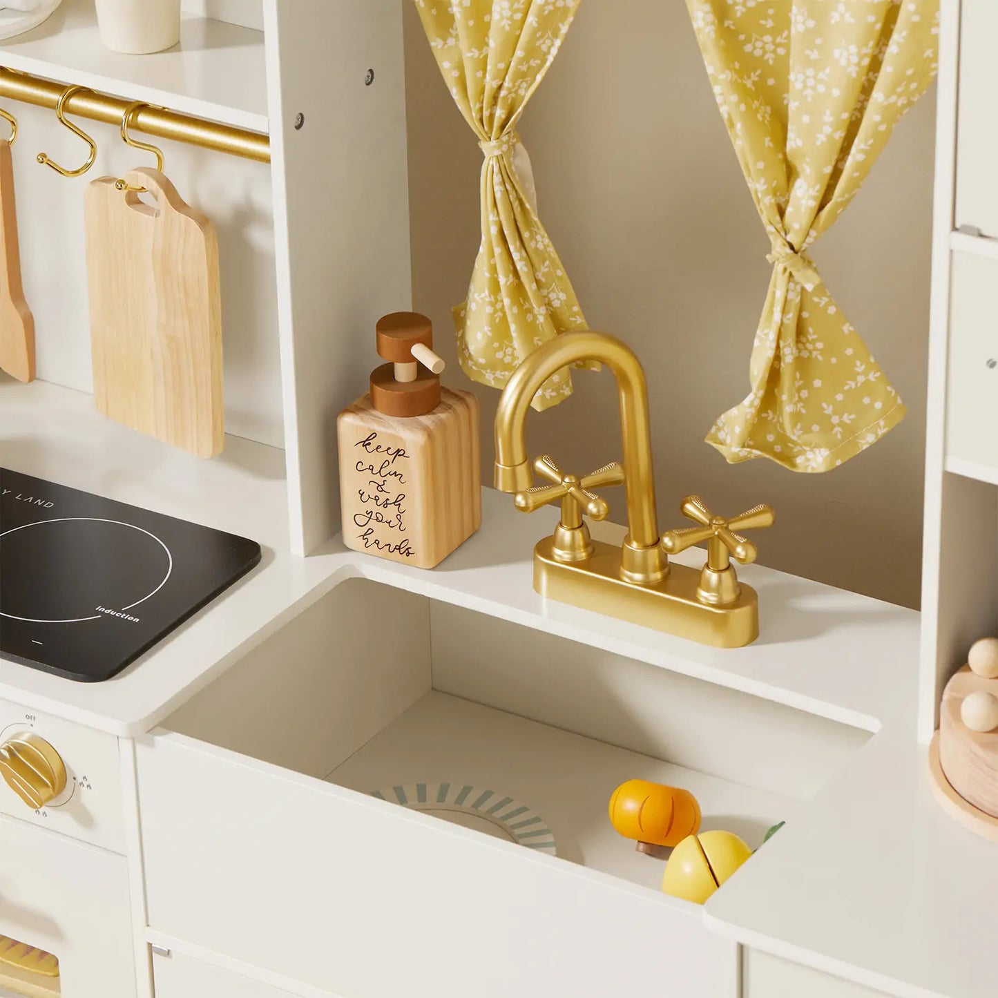 Tiny Land® Luxurious Cream-Colored Wooden Play Kitchen – Pretend Cooking Set with Oven, Microwave, Sink & Storage