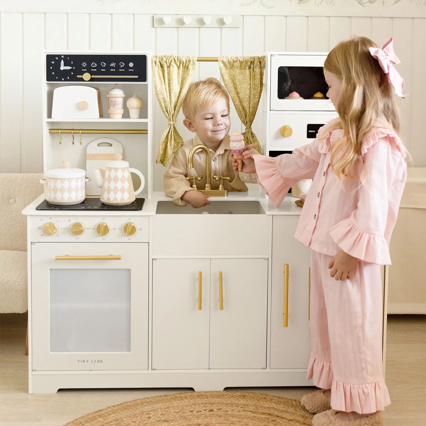 Tiny Land® Luxurious Cream-Colored Wooden Play Kitchen – Pretend Cooking Set with Oven, Microwave, Sink & Storage