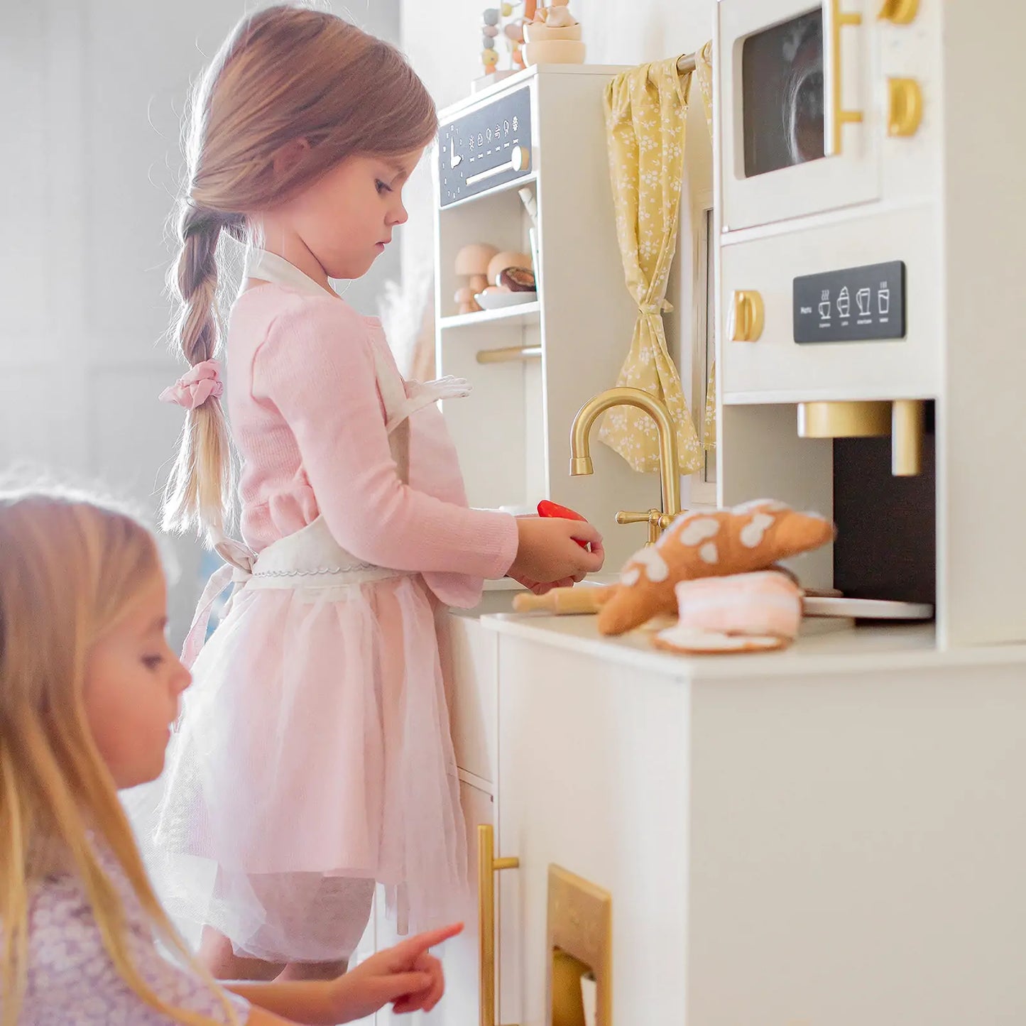 Tiny Land® Luxurious Cream-Colored Wooden Play Kitchen – Pretend Cooking Set with Oven, Microwave, Sink & Storage