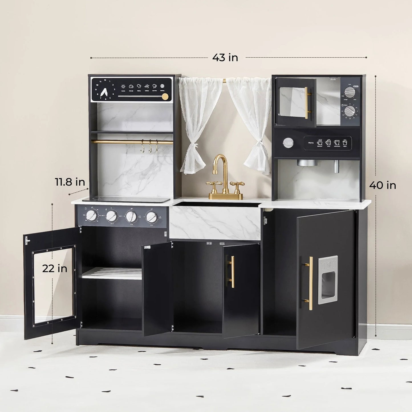 Tiny Land® Deluxe Black Play Kitchen – Wooden Pretend Cooking Set with Faucet, Knobs & Storage