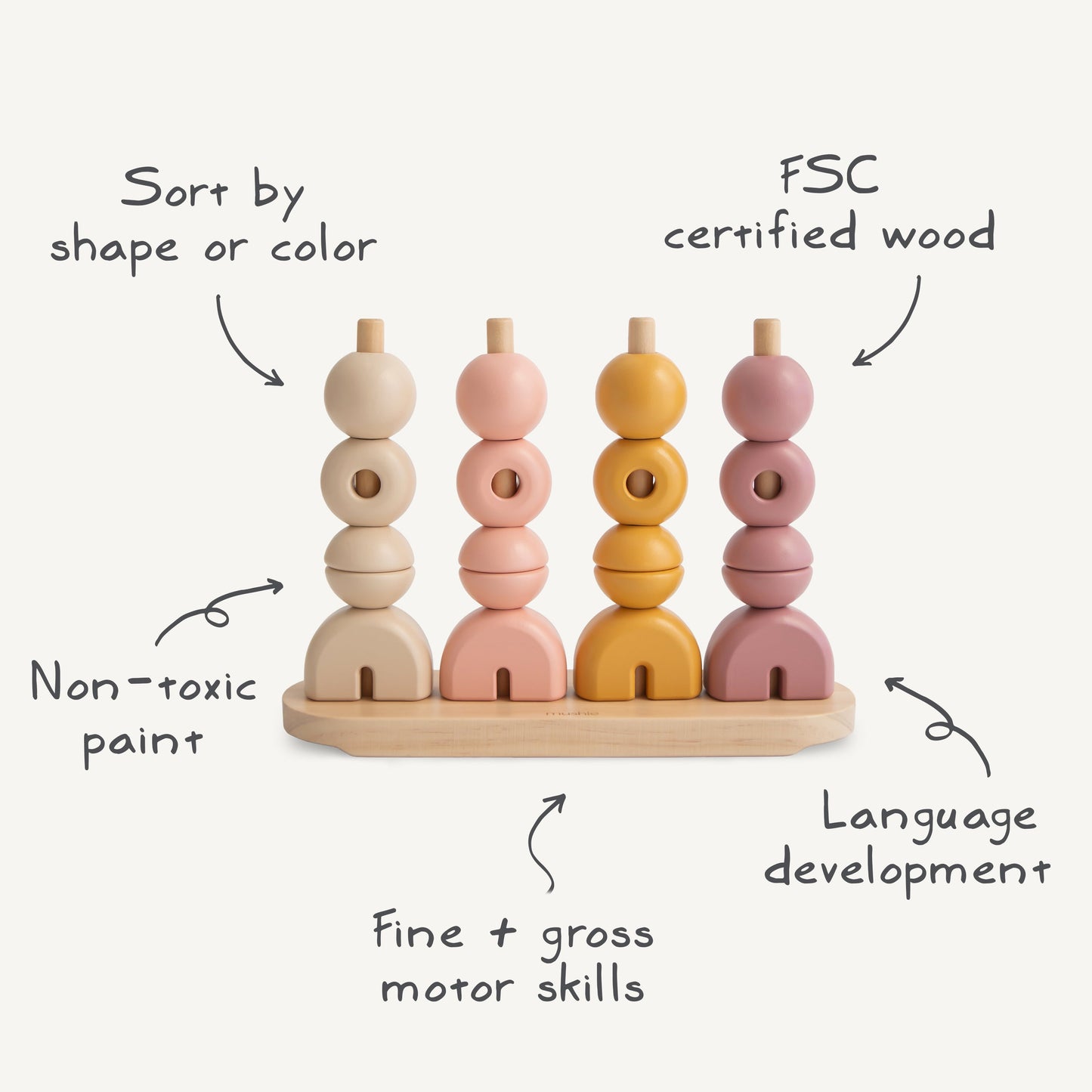 Mushie Wooden Multi Shape Stacker – Educational Sorting & Fine Motor Skills Toy